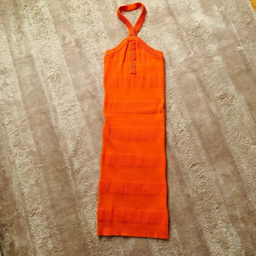 Spandex bright orange halter dress